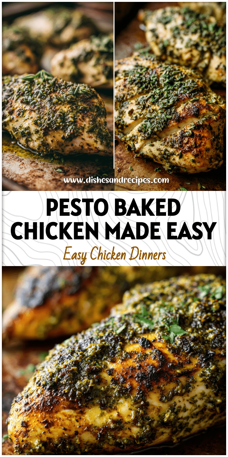 Golden oven baked chicken breasts topped with pesto and herbs on a rustic baking tray